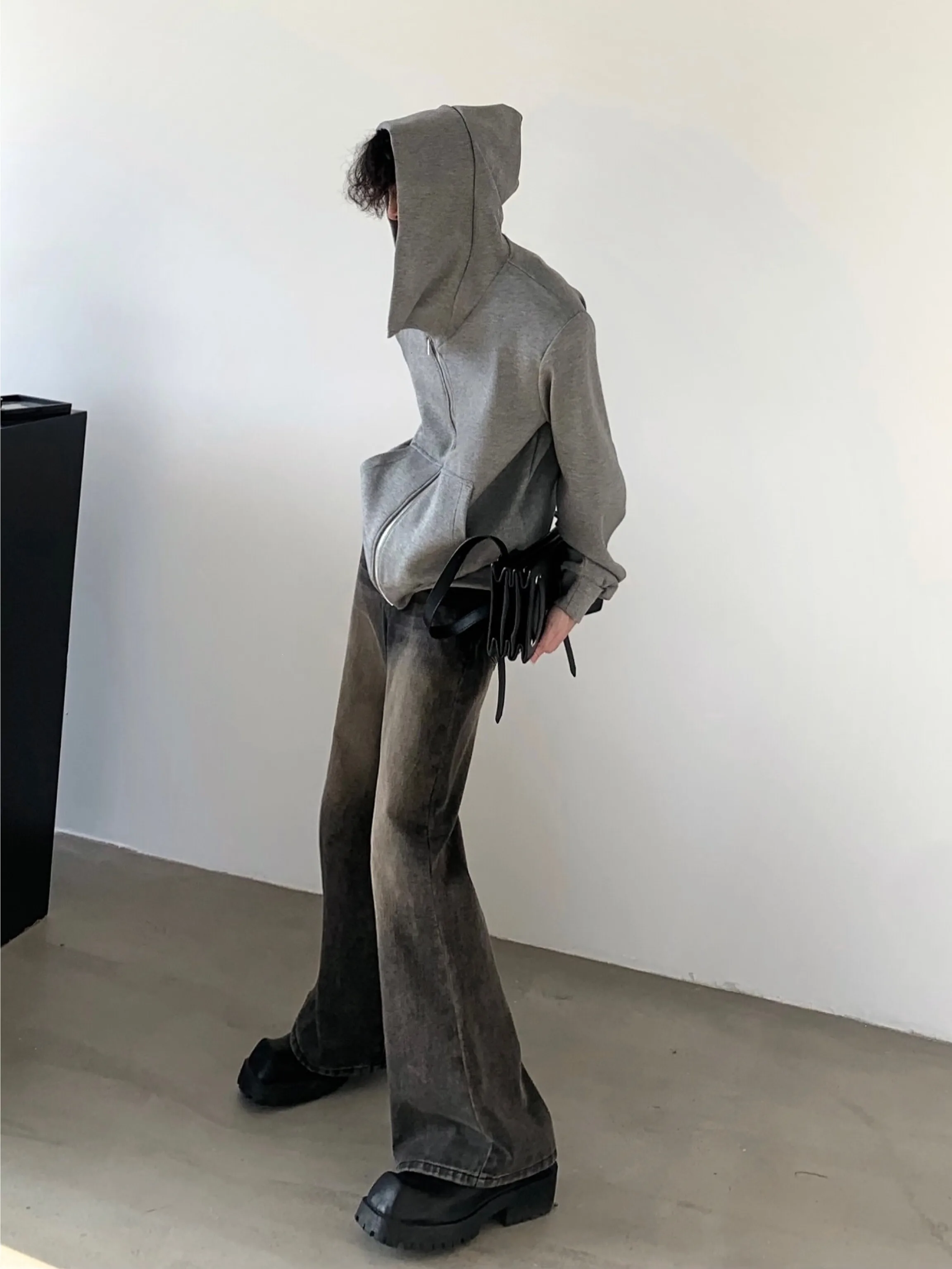 Black Zipper Hoodie Men's Short Cleanfit Jacket Asymmetrical Loose Fit Autumn Mountain Wind Design Casual Youth Fashion