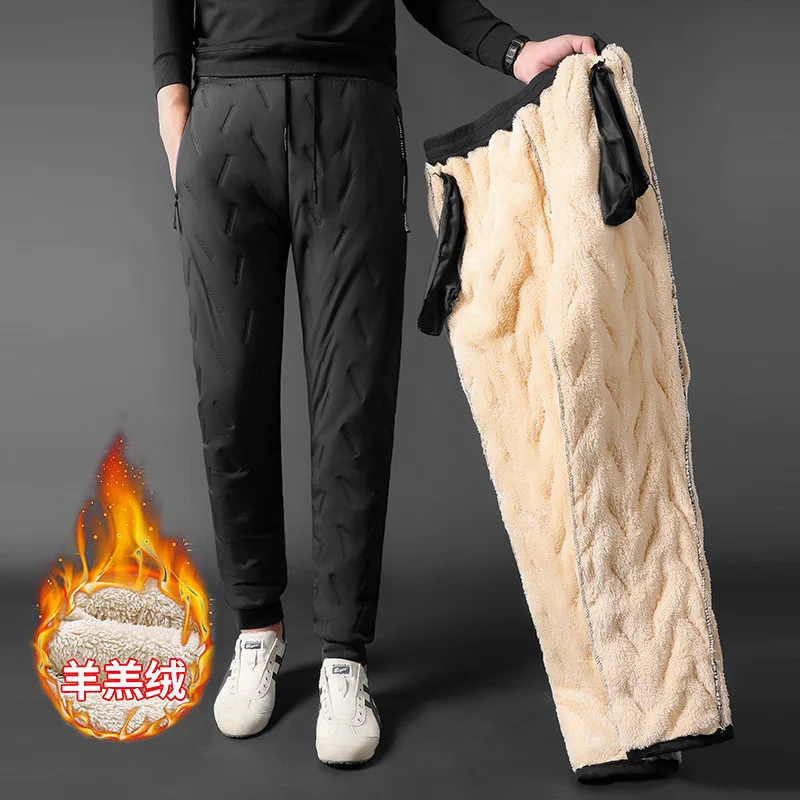 Casual Thickened Waterproof Warm Sports Pants for Men Pants Autumn Winter Men's plus size Loose Lamb Velvet fleece-lined