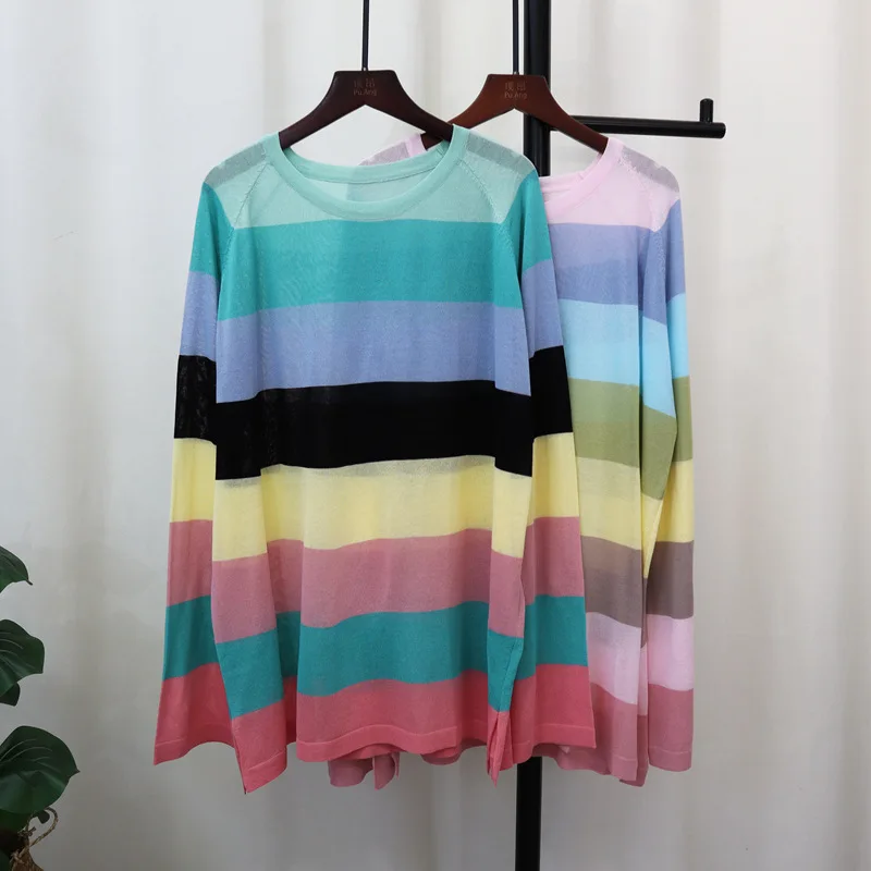 Autumn Thin Style Women Sweater Rainbow striped knitwear Pullover O-Neck Long Loose Female Knit Top Wear