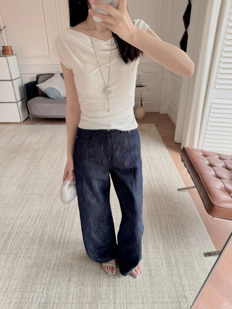 

Ретро темно-синие хлопковые джинсы Hanmata, свободные повседневные прямые джинсы, цвета футболки с высокой талией, эластичные женские джинсы высокого качества