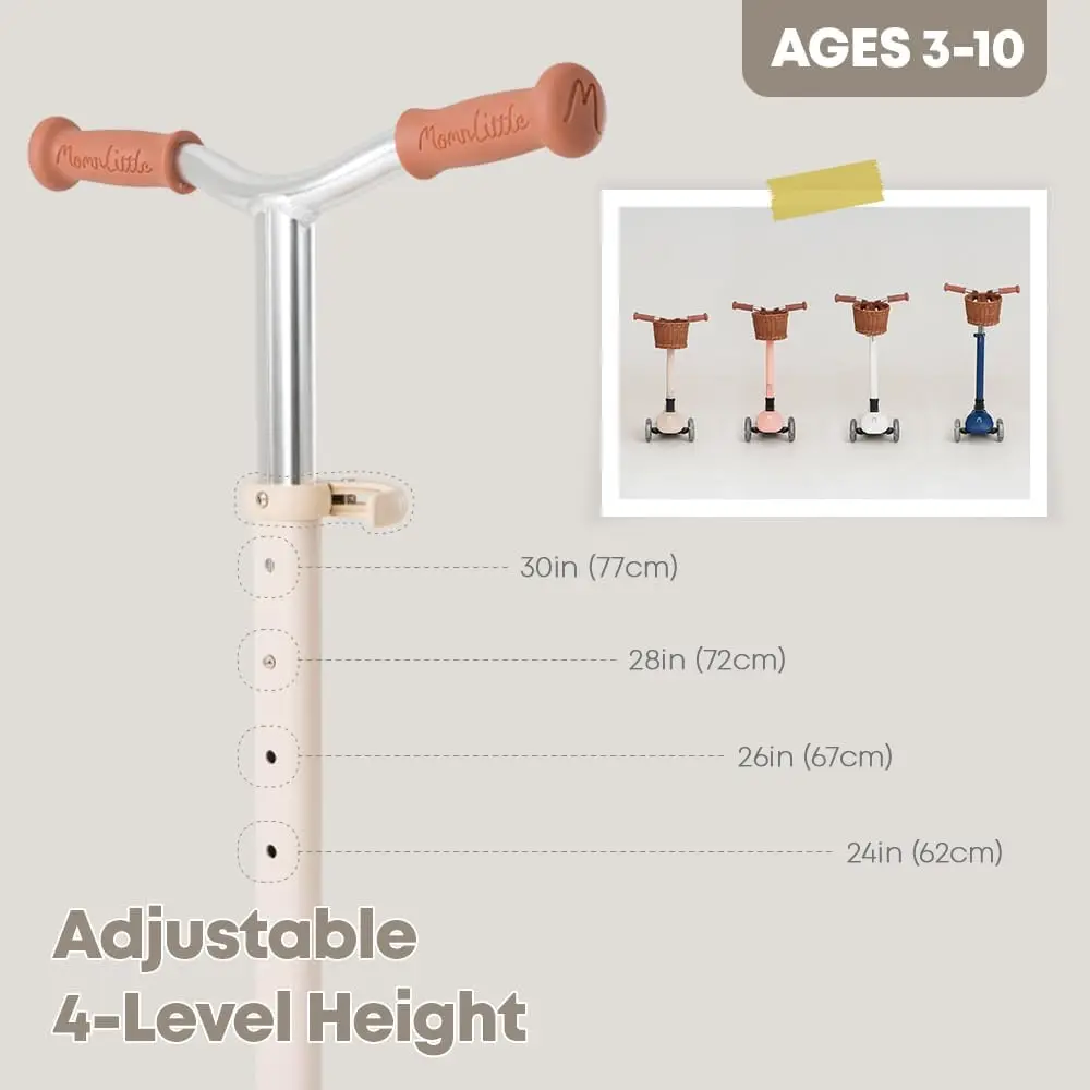 Hulajnoga dla dzieci w wieku 3-10 lat (beżowa/różowa/zielona/biała) 3-kołowa z kołami podświetlanymi LED Certyfikat CPSC Składana i 4 wysokości