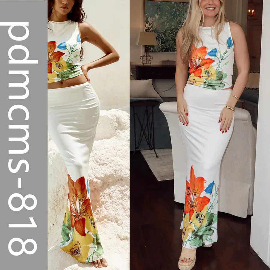 

Новинка 2025, европейская и американская весенне-летняя юбка без рукавов с цветочным принтом, комплект из двух предметов, INS, повседневная женская футболка для отдыха