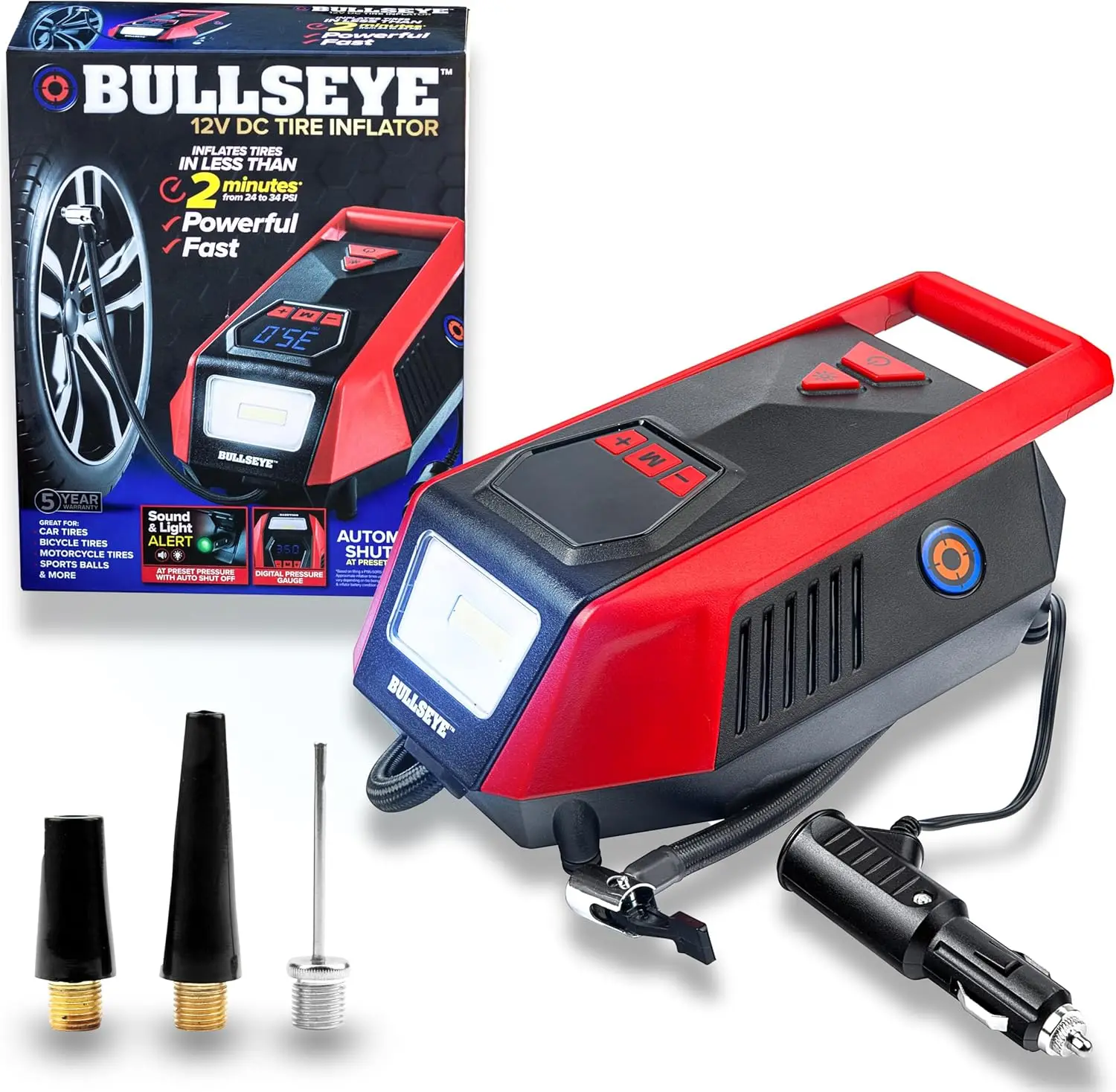 

Bullseye 12V DC Tire Inflator - 2 Min Inflation, Auto Shut-Off, 150 PSI, Digital Gauge, LED Display, Cigarette Lighter Charger (