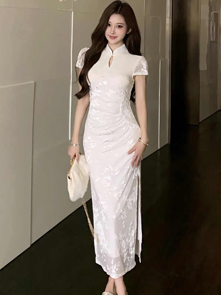 2025 nieuwe witte jacquard stand kraag lange jurk vrouwen elegante luxe party vestidos zomer koreaanse bodycon festival avondjurk