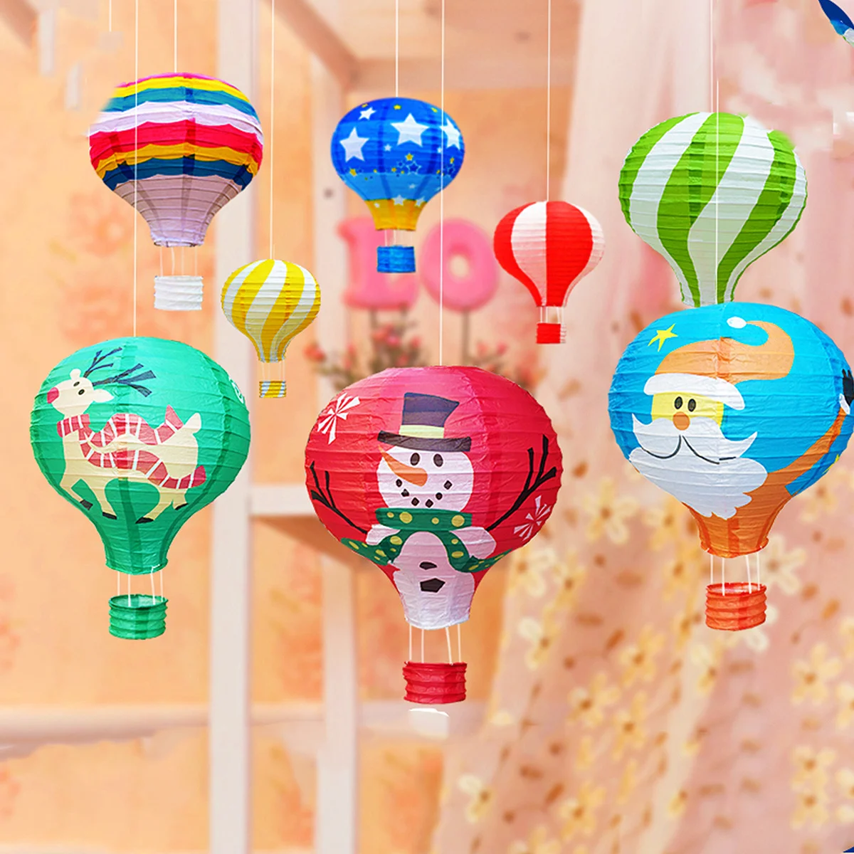 5 قطعة فوانيس ورقية لعيد الميلاد بالهواء الساخن قابلة للطي أضواء معلقة مستديرة مع إطار معدني لشجرة السقف على الحائط قطعة مركزية للحفلات #3