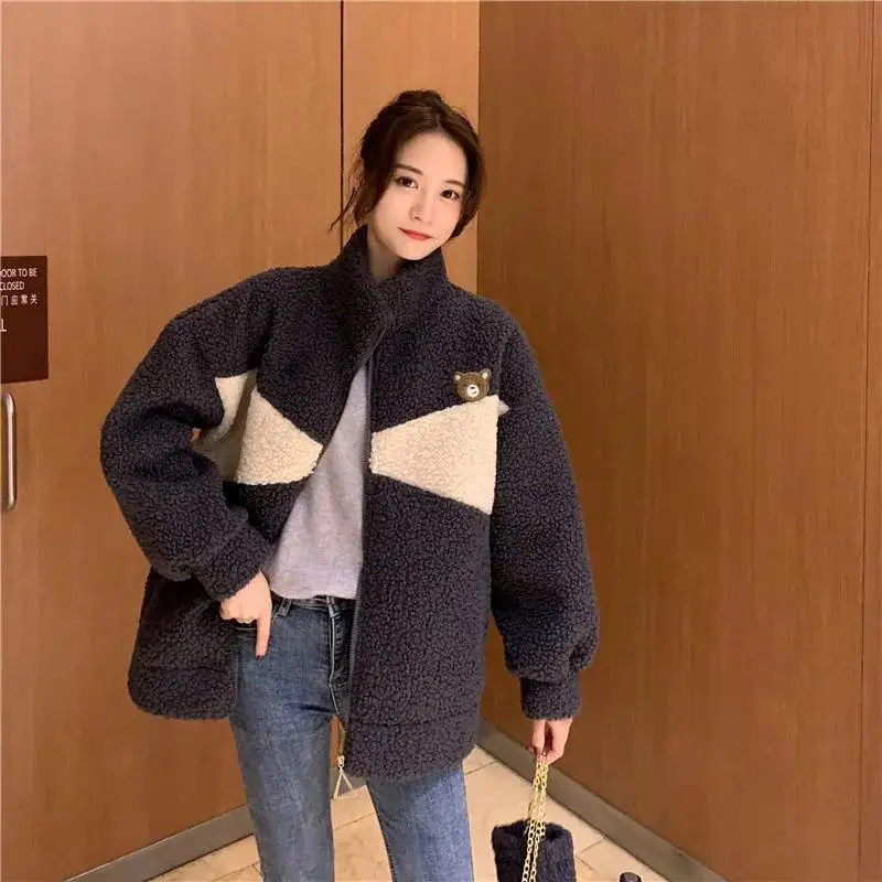 Women Spring Autumn Teddy Bear Embroidery Sweatshirts New Loose Causal Fluffy Coats Fashion Sweet Cartoon Stand Collar Cardigans