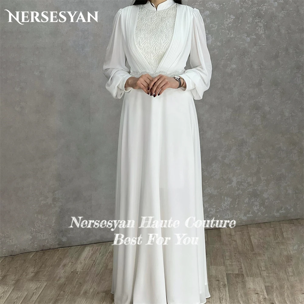 Nersesyan Pure Lace Wedding Dresses High Neck Muslim Beading Lantern Sleeves Bridal Gowns Pure A-Line robe de mariée Bride Dress