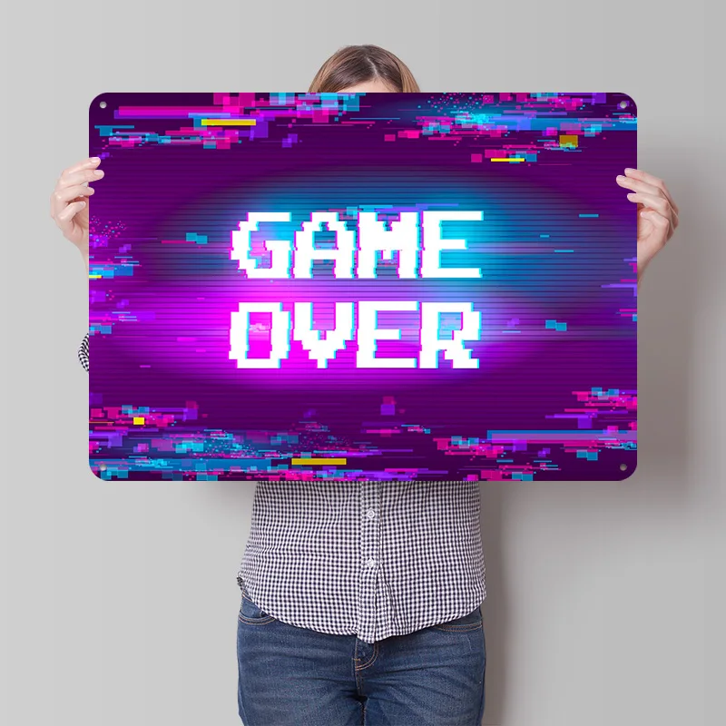 Game Over Glitch Art 3D Printed Texture Poster Personalized Wall Art Retro Metal Tin Signs for Bedroom Decoration Room Wand Deko