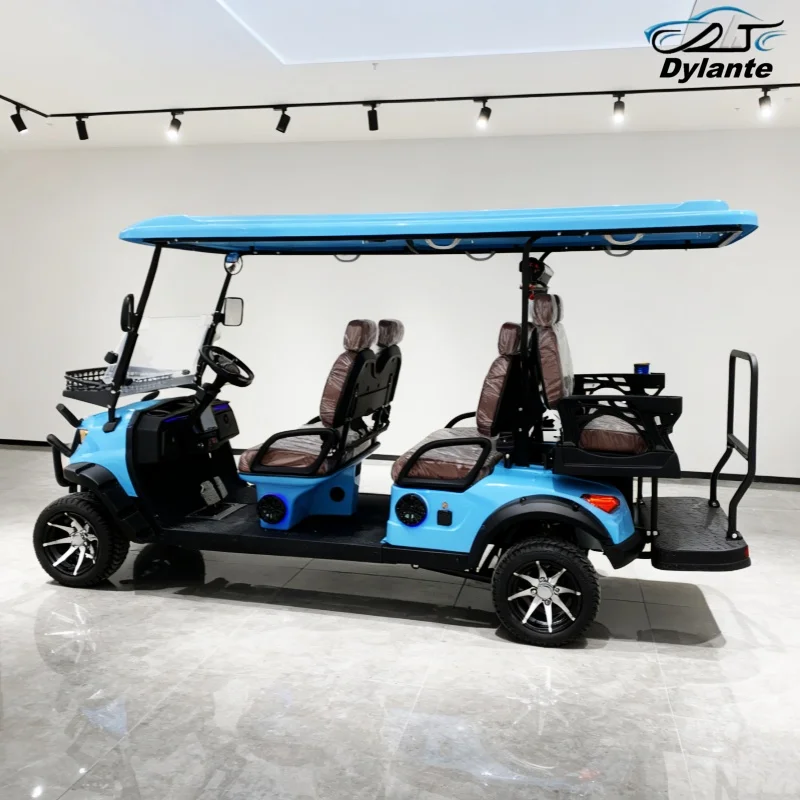 Carros de golf eléctricos 4 pasajeros Proveedor confiable de China Plegable el parabrisas Espejo lateral del neumático todoterreno con luz giratoria