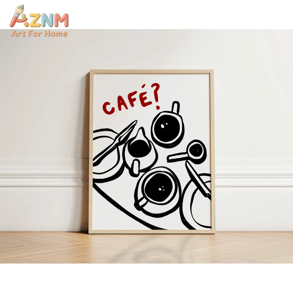 Retro French Cafe Coffee Line Art Wall Art Prints, Aesthetic Coffee Maker Canvas Poster Decor, Kitchen Living Room Home Deco