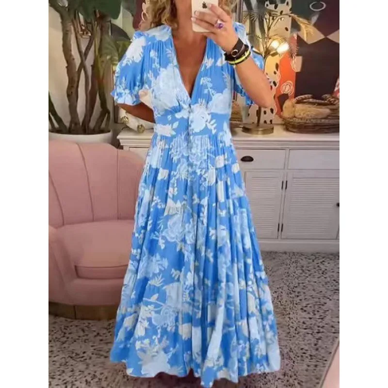 

Fashionable High Waisted Boho Large Hem Dress 2024 New V-neck Floral Print Dress Seaside Vacation Loose Fitting Long Beachdress