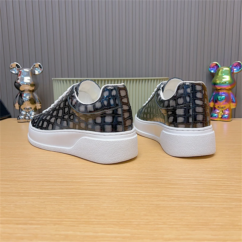 للجنسين رمادي منصة حذاء كاجوال رجالي جلد البقر جولة تو منخفضة أعلى أحذية رياضية حجر نمط الدانتيل متابعة لوكس حذاء مسطح اليدوية #6