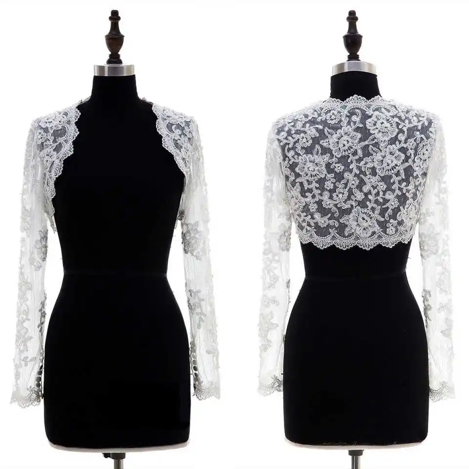 

Vintage Wedding Bridal Bolero Wrap Jackets Lace Appliques Front Open Long Sleeve Wedding Accessories Customized