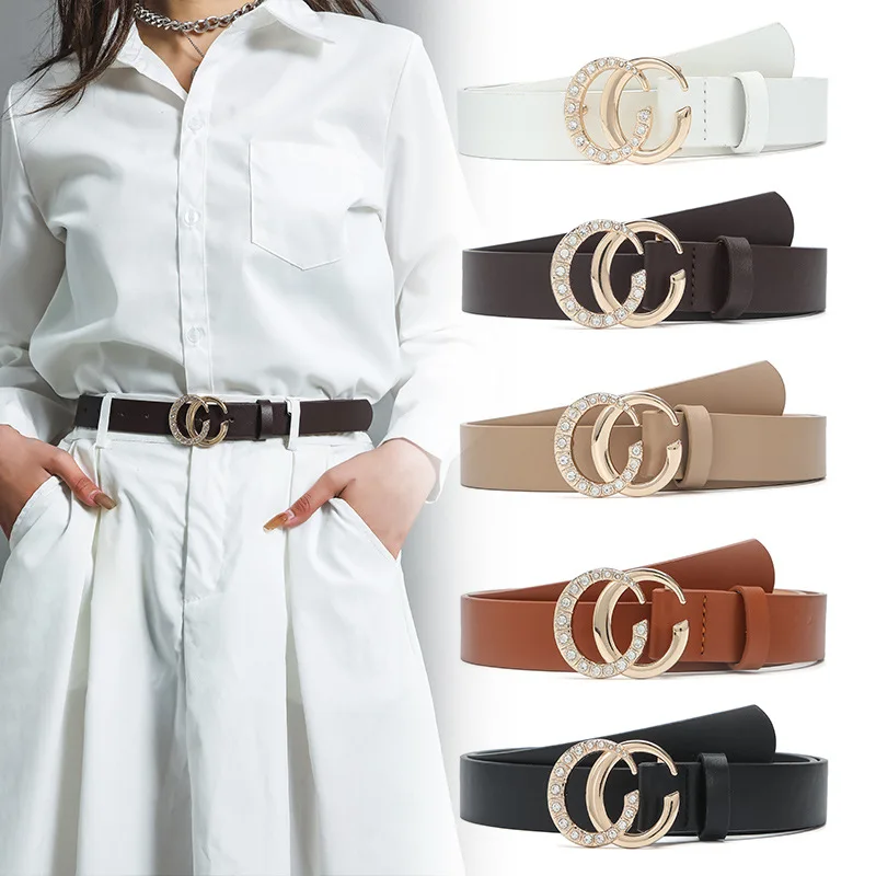 New Fashion Double C Diamond Gold Button Retro Decorative Jeans Women's Belt Versatile Dress Solid Belt Women's Trend