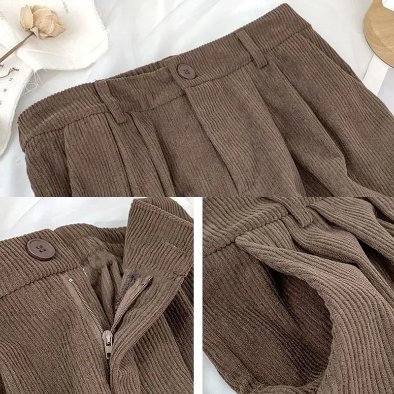 Lucyever Women Vintage Corduroy Pants High Waist Brown Wide Leg Pants Female Korean Fashion Baggy All Match Straight Trousers