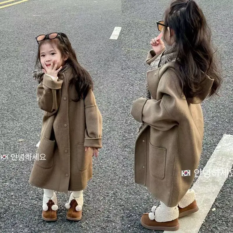 

Kids Autumn and Winter Girls' Woolen Coat 2025 New Children's Hooded Coat Medium and Long Warm Jacket for Boys 110-160cm