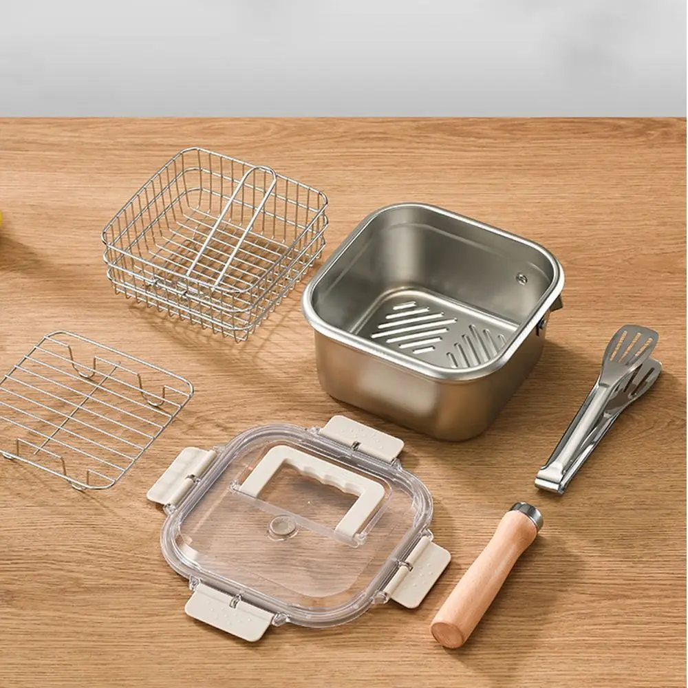 

Portable Stainless Steel Frying Pan Square Shape with Basket Cooking Pot Non-Stick Camping Cookware Set Fried Chicken