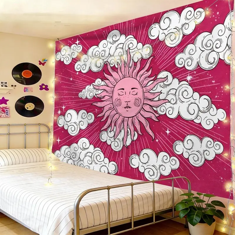 VIKAMA Rose Pink Face Sun God Auspicious Cloud Tapestry, Hippie Retro Bohemian Wall Hanging for Bedroom Living Room Decor