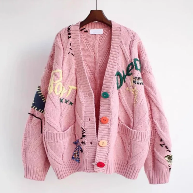 Fashion embroidered sweater for women in autumn and winter 2025 new loose cardigan knitted jacket Pink Red