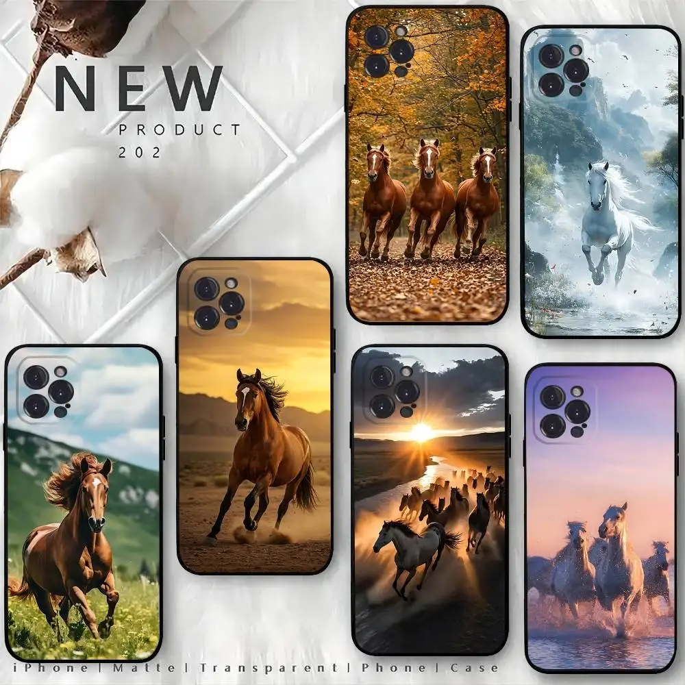

Running Horse Phone Case For iPhone 16,15,14,13,12 Mini 11 Pro XR,X,XS,MAX 7,8 Plus Silicone Cover Soft Black