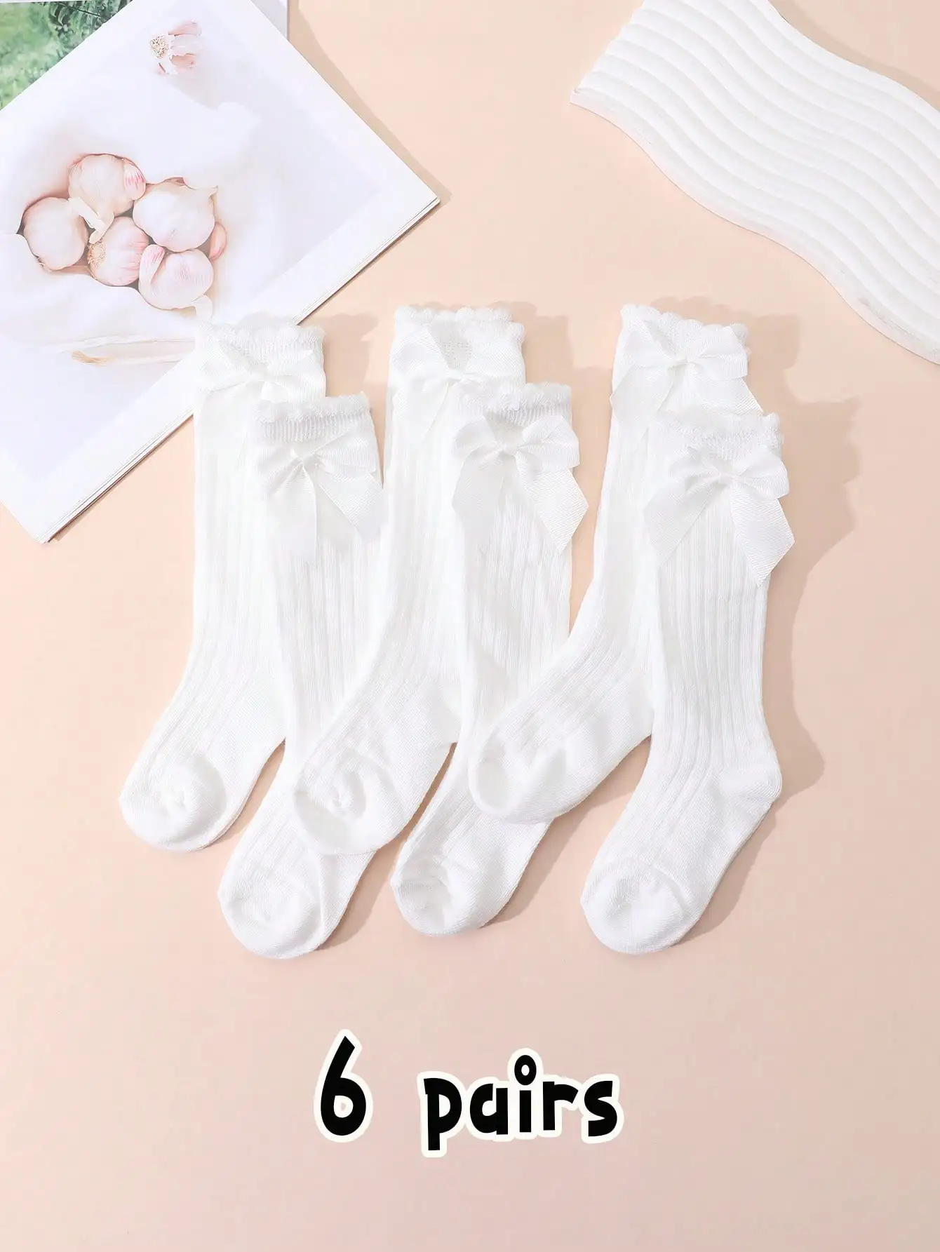 6 Paar weiße, gerippte Kniestrümpfe mit Schleife für Kleinkinder und Mädchen, aus Nylon und Spandex, elastische Socken für 0-8 Jahre, für Alltag, Schule, Party, Freizeitkleidung