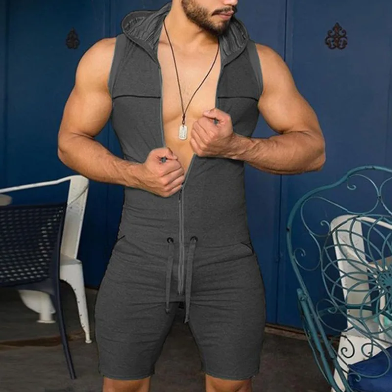 2024 New Men Tight Sleeveless Bodysuit Zipper Hooded Romper Short Pant Casual Home Wear Tracksuit Pajamas Onesies for Adults Men