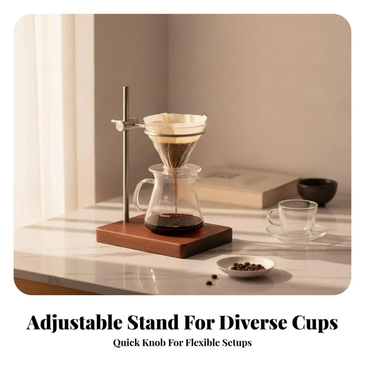 Wood Base Pour-over Dripper Stand Stainless Steel Adjustable Coffee Intended for Home Brewing, Drip Stand