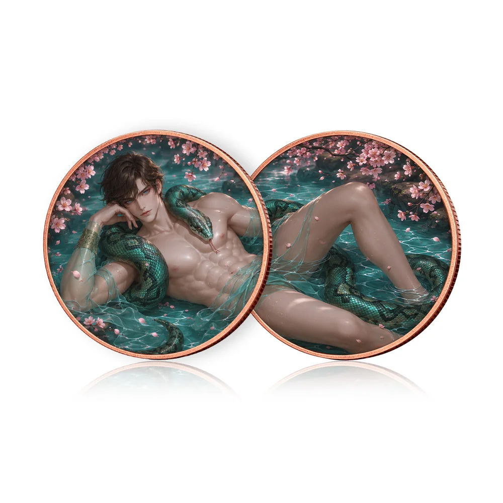 1oz .999 Fine Copper Anime Snake Man Coin Oriental Cherry Blossom Water Serpent Color Print Zodiac Collectible Souvenir Coin