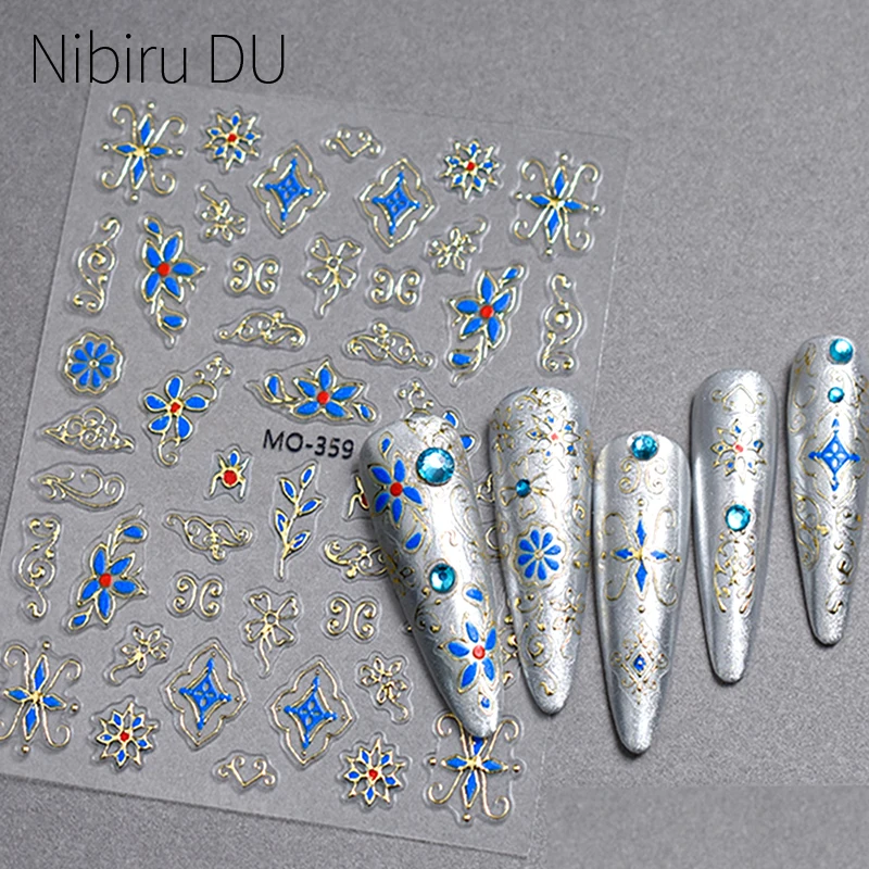 Nail Art Stickers Chinese Palace Style Noble Consort Ethnic Totem Gold Blue Glass Flower Hot Stamping Geometric Manicure Decals