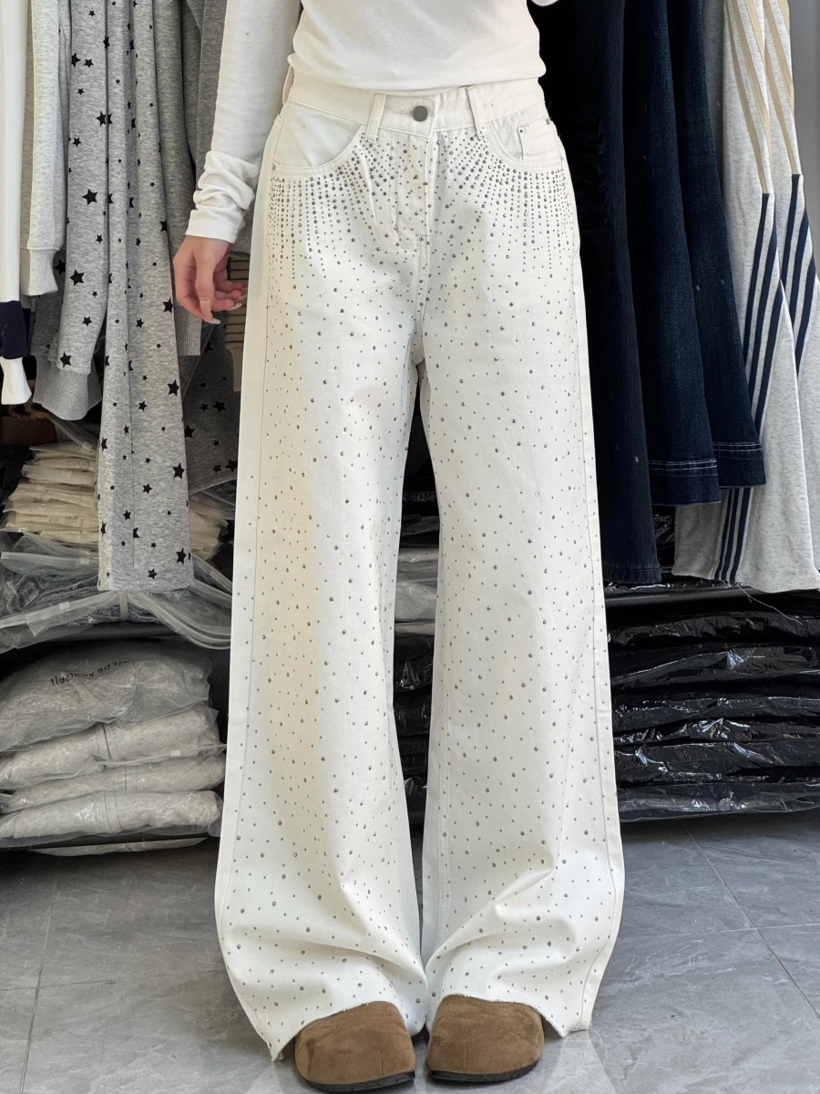 Women's Baggy Jean American Retro Rhinestone Designer Denim Pants Y2K High Street Wide Fit Cowboy Japanese Harajuku Long Trouser