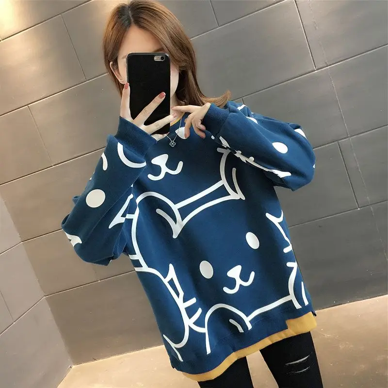 2023 New Spring and Autumn Fashionable and Westernized Simple Round Neck Reduced Age Printing Loose Casual Versatile Sweater