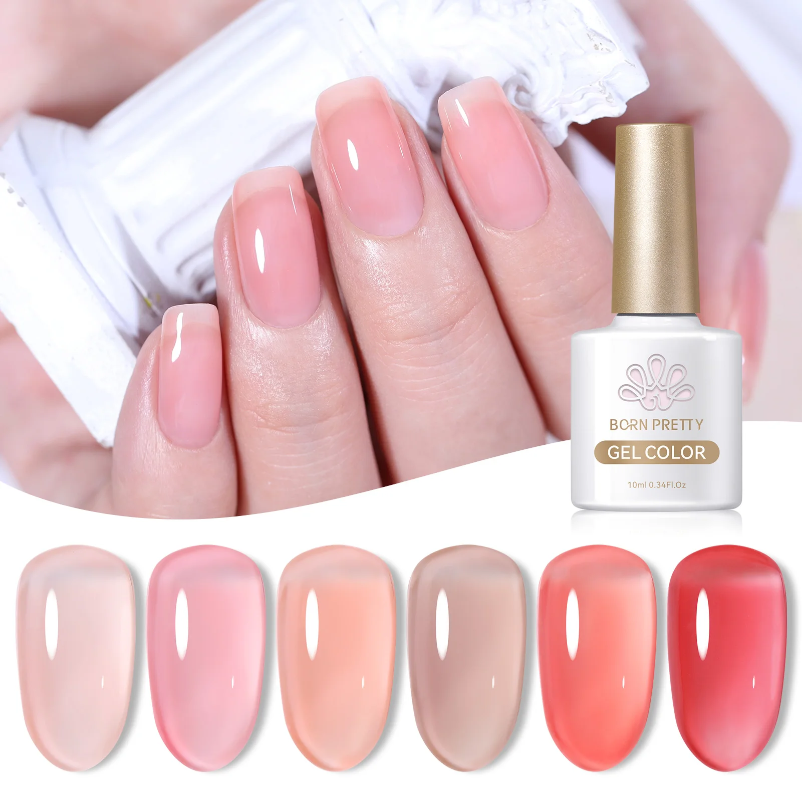 BORN PRETTY 10ml Nude Pink Gel 6PCS Nail Polish Set Milky Jelly Pink Transparent Serise Soak Off UV LED Nail Gel Varnish Kit