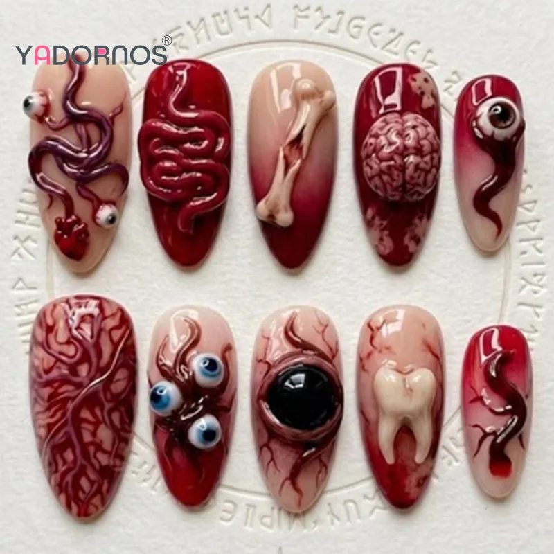 30pcs Bloody Red French Style Fake Nails Spooky 3d Eyeballs Tooth Vascellum Decor Press On Nails Horror Halloween False Nail
