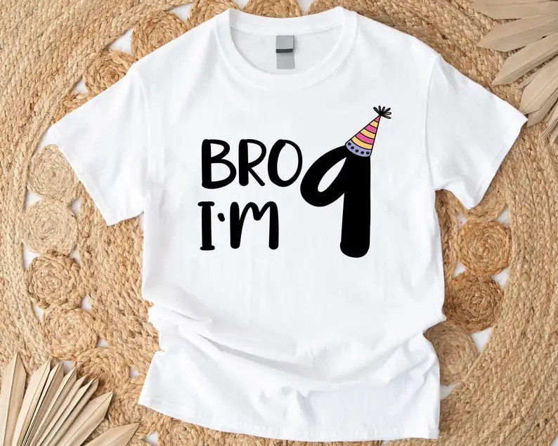 

Bro I'm 9 Shirt, Birthday Boy Shirt, Ninth Party Kid Shirt, Nine Years Old Boy Kid Short Sleeve Top Tees O Neck 100% Cotton y2k