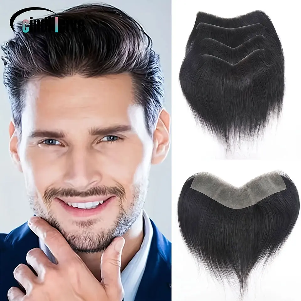 Human Hair Men Toupee For Forehead Hairpiece V Loop Frontal Hairline Invisible Seamless Skin Full PU Men's Capillary Prosthesis