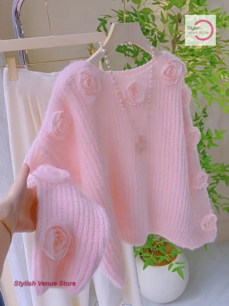 

French style pink three-dimensional flower camellia lazy wind sweater women wear gentle wind loose sweater in autumn and winter.