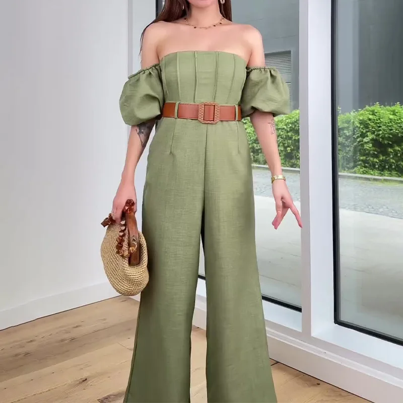 

Elegant Women's Jump Suits 2024 Summer New Square Neck Slim Fit and Waist Cinching Temperament Straight Leg Jumpsuit for Female