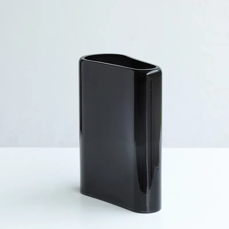 New Arrival Nordic Minimalist Irregular Wide Flat Black Glass Vase Tabletop Flower Container Home Soft Decor For Living Room