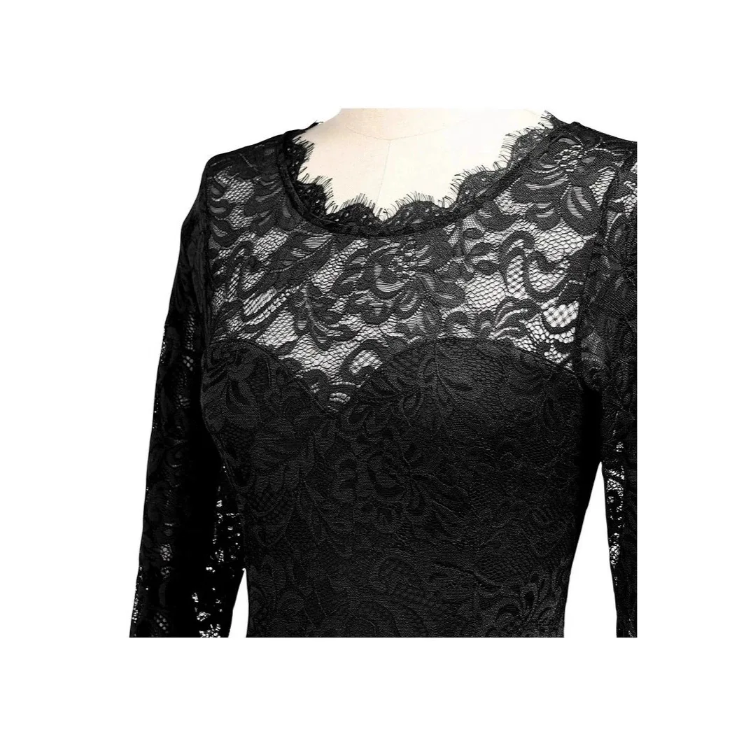 Lace Patchwork Chiffon Evening Dress Crew Neck Maxi Gown Sexy S-XXL