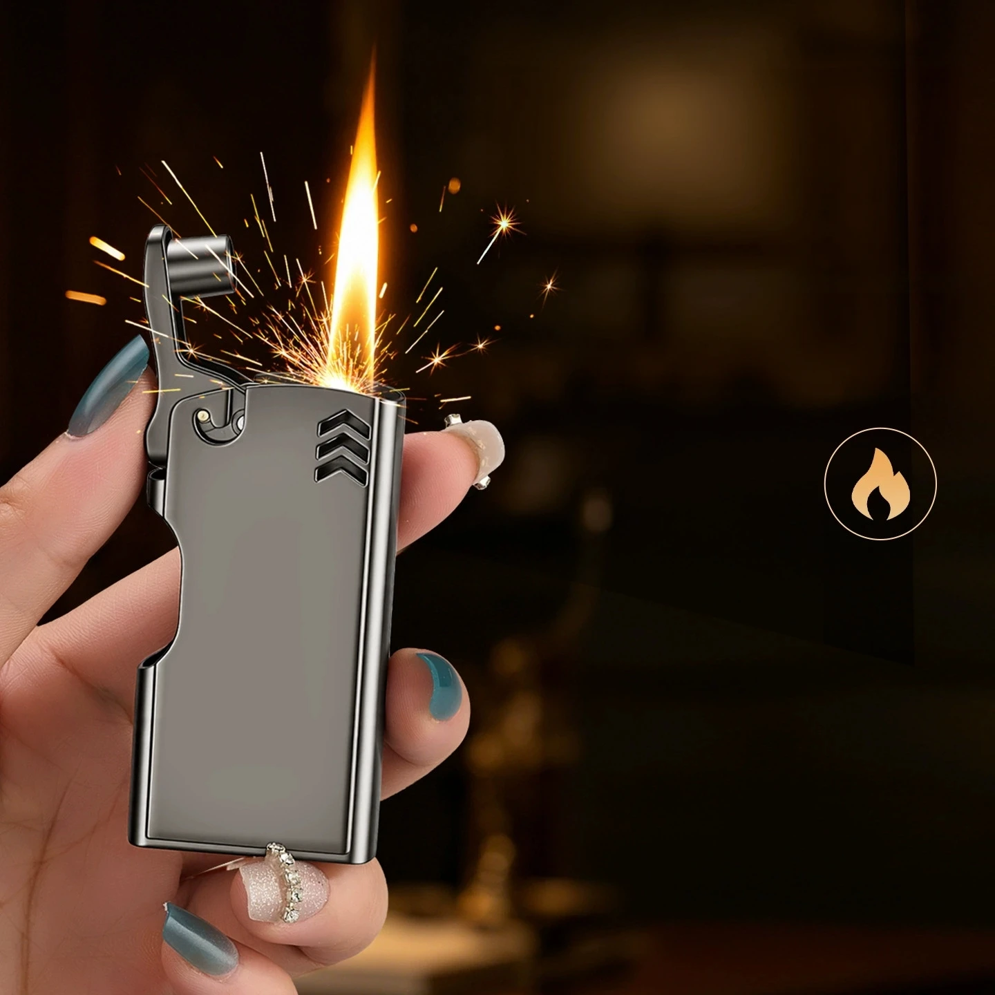 Ultra thin brushed smooth metal plate lighter, outdoor mechanical one key ignition high-end men's lighter