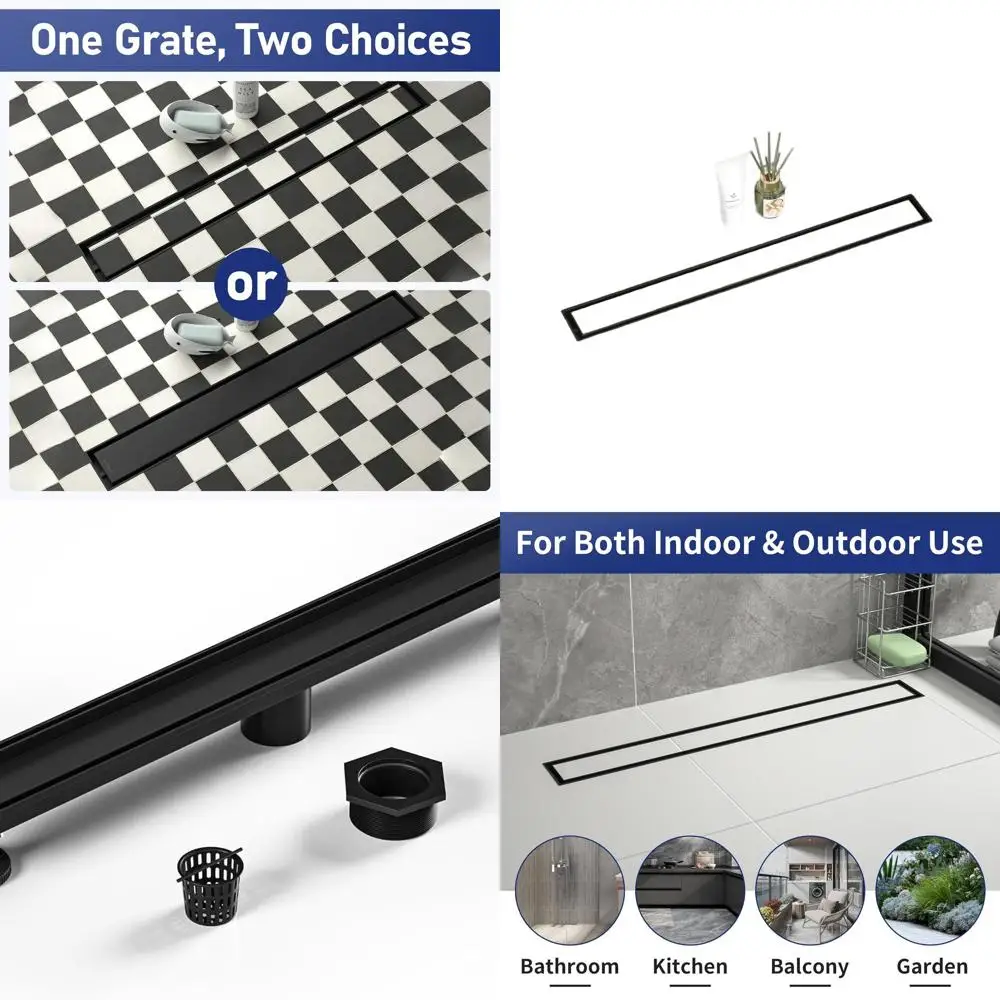 

24 Matte Black Linear Shower Drain with Tiled Insert and Hair Strainer, 304 Stainless Steel, CUPC Certified