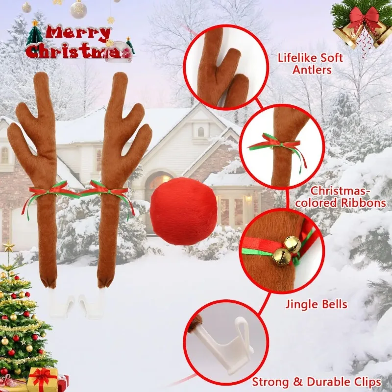 Christmas Reindeer Car Costume Kit with Antlers & Nose, Universal Auto Accessories for SUV Truck Van, Holiday Decoration