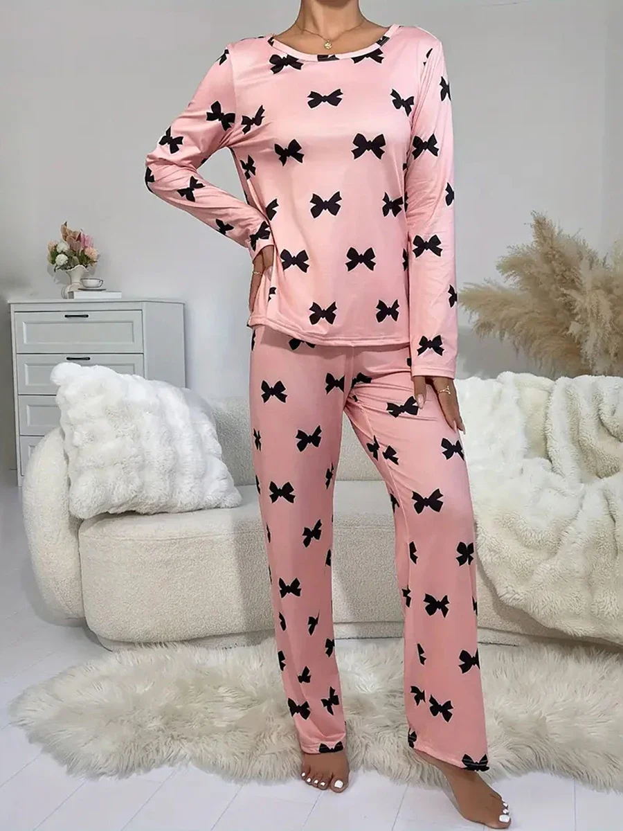 Ensemble de pyjama imprimé nœud pour femme, col rond, manches longues, taille élastique en Y, pantalon long, tenue 2 pièces, automne