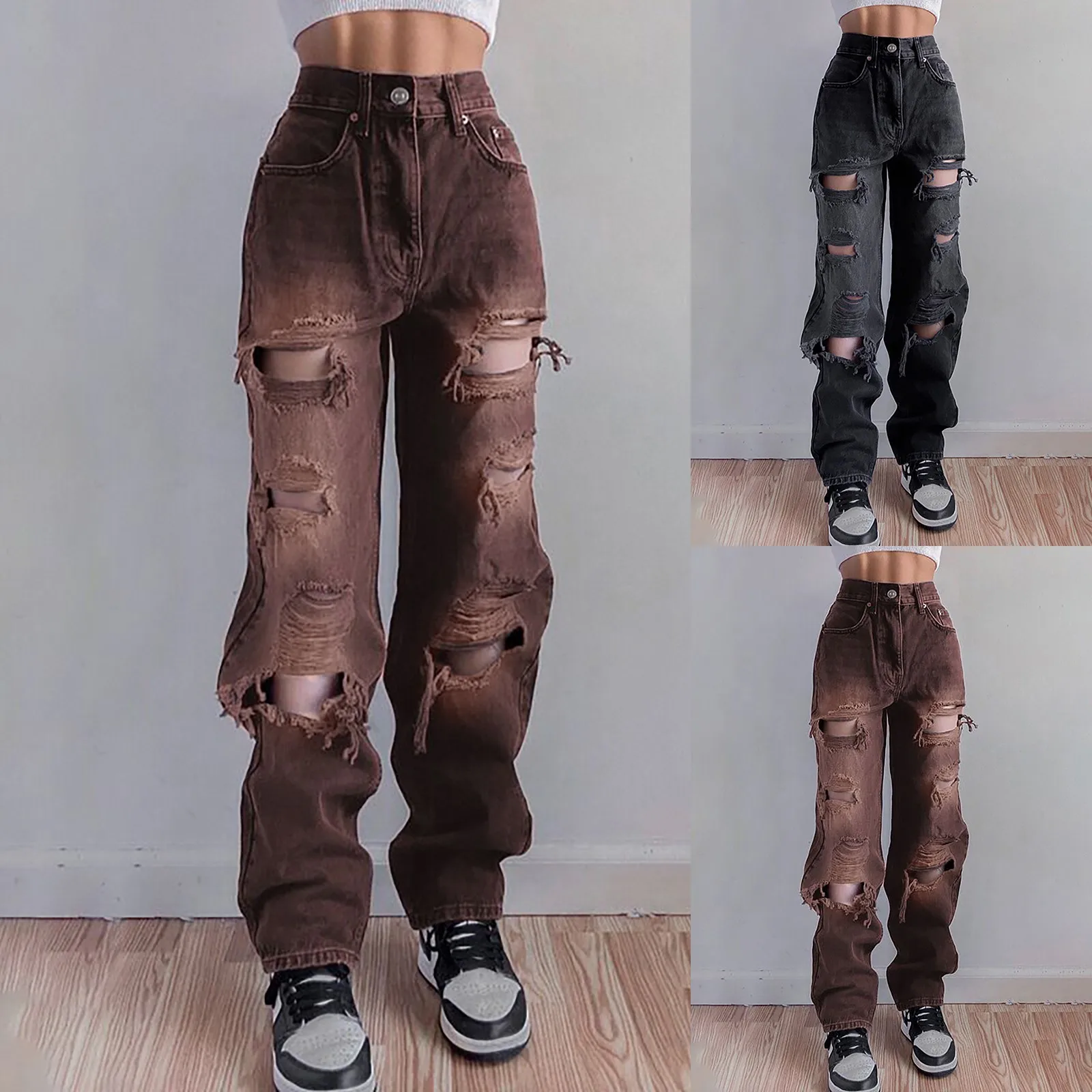 High Street Perforated Jeans Women's Summer New Ripped Jeans Brand Straight Tube Loose Sweeping Wide Leg Pants Women's Jeans