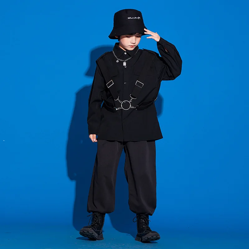 Girls Boys Cool Hip Hop Clothing Black Strap Buckle Front Shirt Top Casual Street Wide Pants for Kids Jazz Dance Costume Clothes