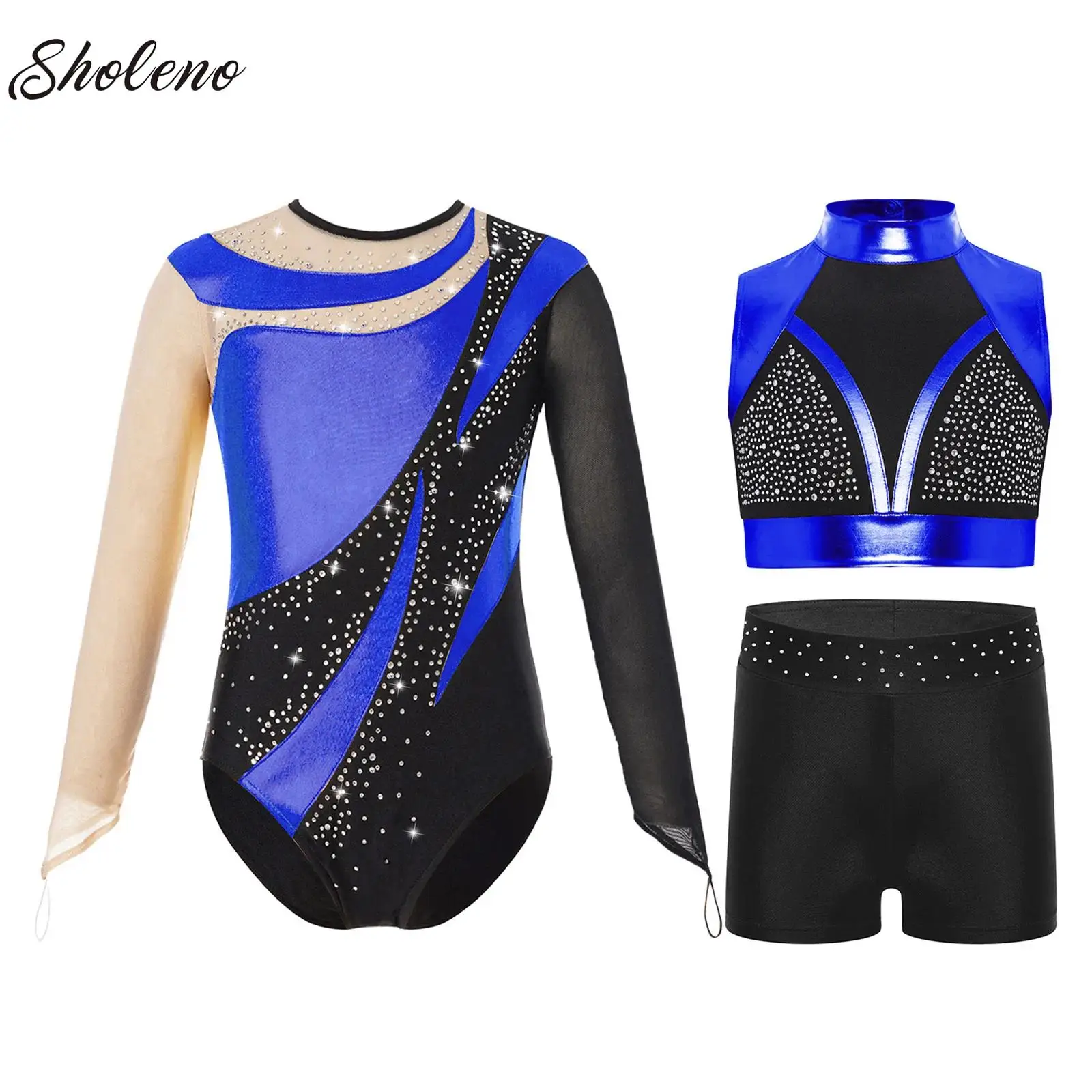 

Kids Girls Long Sleeves Gymnastics Leotards Jumpsuit + Vest + Shorts Shiny Metallic Ballet Dance Outfits Children Dancewear Set