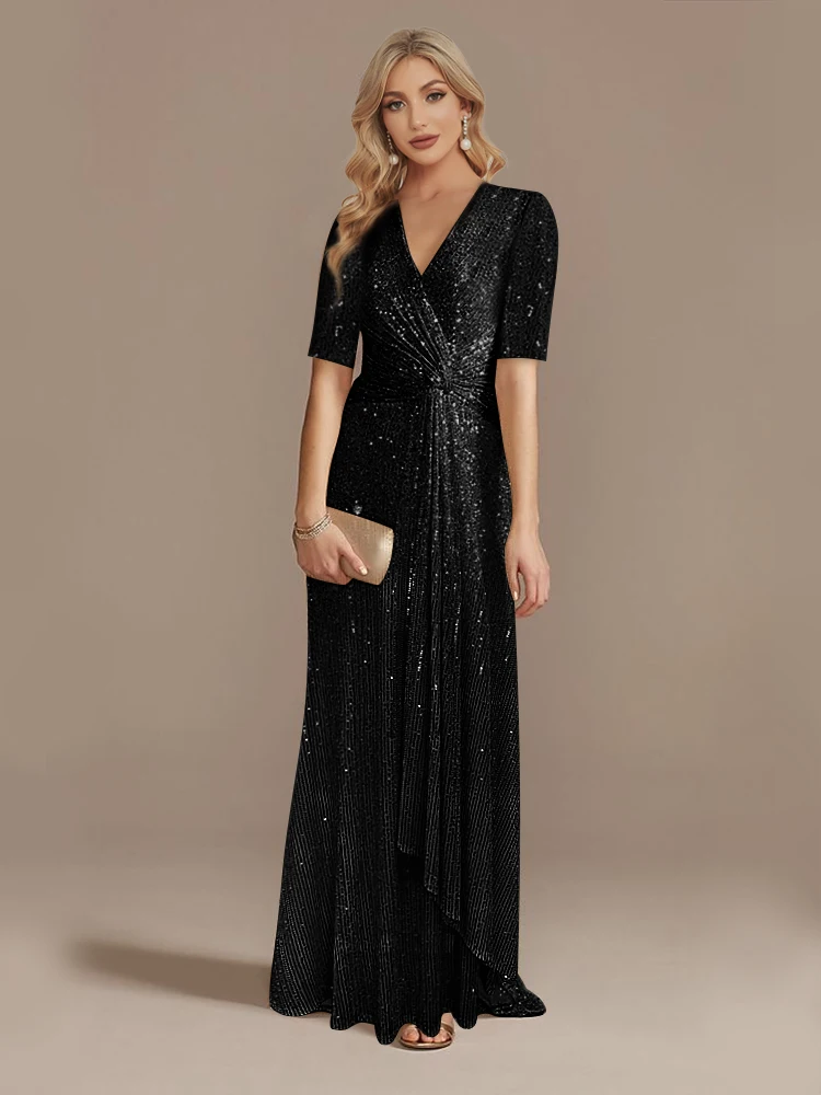 Luxury Floor Length V-Neck Evening Dresses Women Elegant Wedding Party Maxi Dress Sequins Short Sleeves Prom Cocktail Gowns