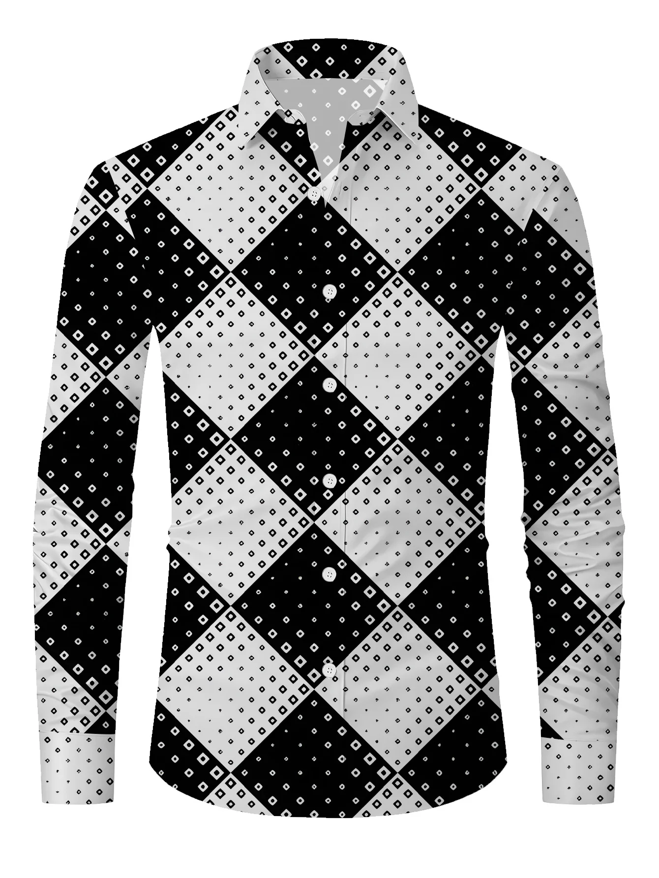 2026 New Men Long Sleeve Shirt Black White Diamond Plaid Print Casual Daily Autumn Winter Fashion Men's Clothing
