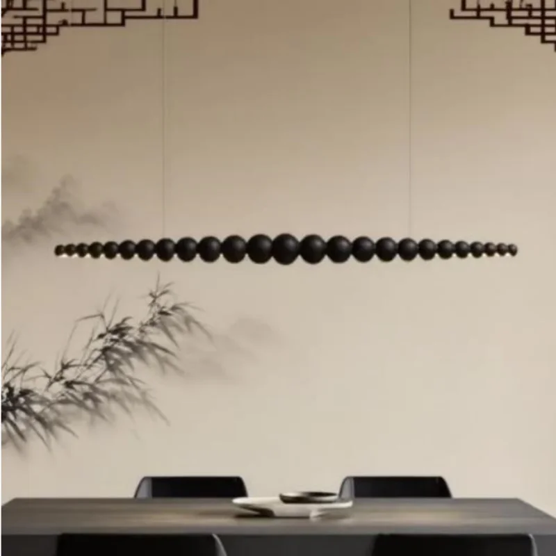

Modern Wooden Beads Long Linear LED Pendant Lights Dimmable With RC Indoor Hanging Lamp Kitchen Island Dining Living Room Office