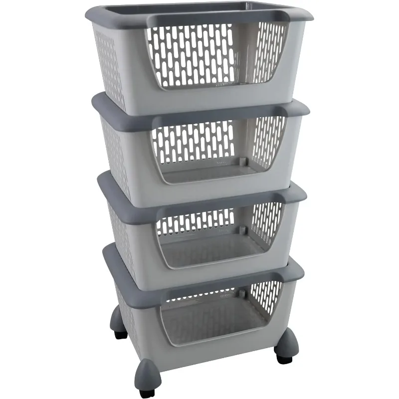 

4-Tier Storage Basket Cart with Rolling Wheels, Plastic Stacking Basket Bin
